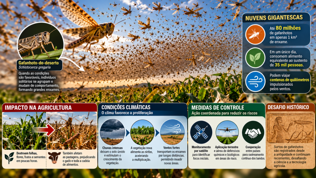 Gafanhotos de até 7 centímetros formam nuvens gigantes que escurecem o céu e avançam sobre plantações, estradas e cidades durante deslocamentos em massa que podem provocar prejuízos milionáriosNuvem de gafanhotos-do-deserto se deslocando sobre área agrícola em busca de alimento. - Imagem ilustrativa criada por inteligência artificial.