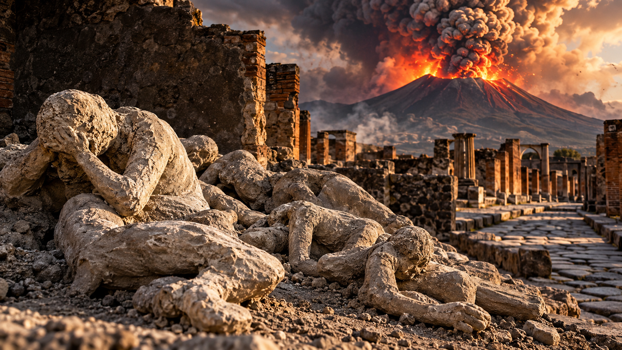Arqueólogos encontraram um homem que fugiu de Pompeia quando o Monte Vesúvio entrou em erupção 2.000 anos depois, segurando uma tigela para proteger a cabeça e uma lâmpada para iluminar o caminho