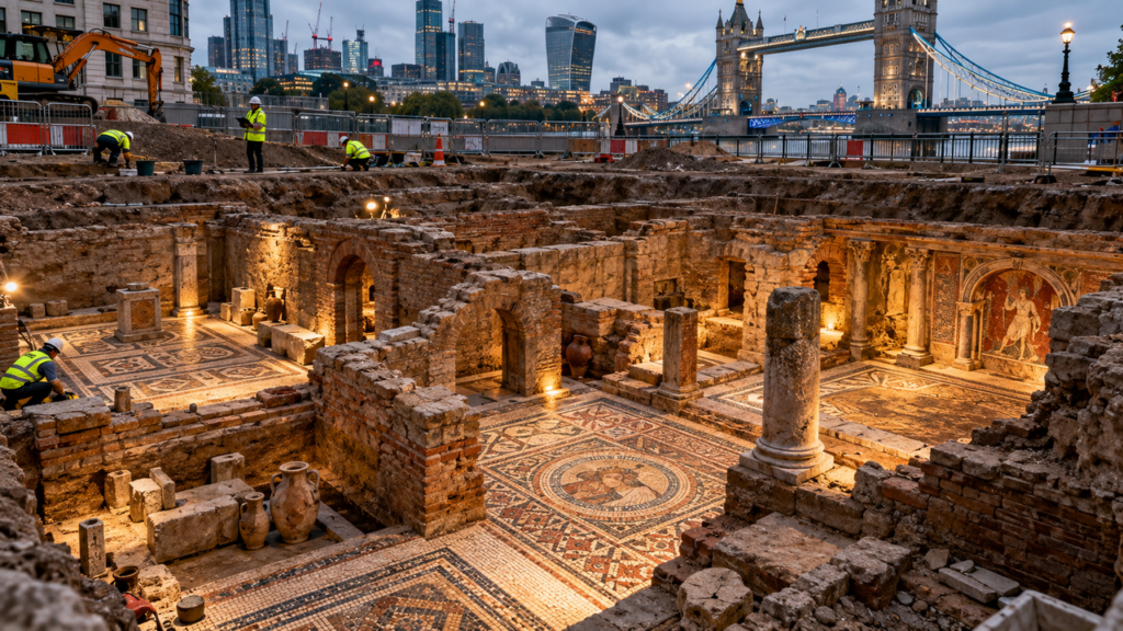 Uma obra em Londres revelou sete salas escondidas por quase 2.000 anos, com pisos ornamentados e objetos do século II que podem estar ligados à administração romana