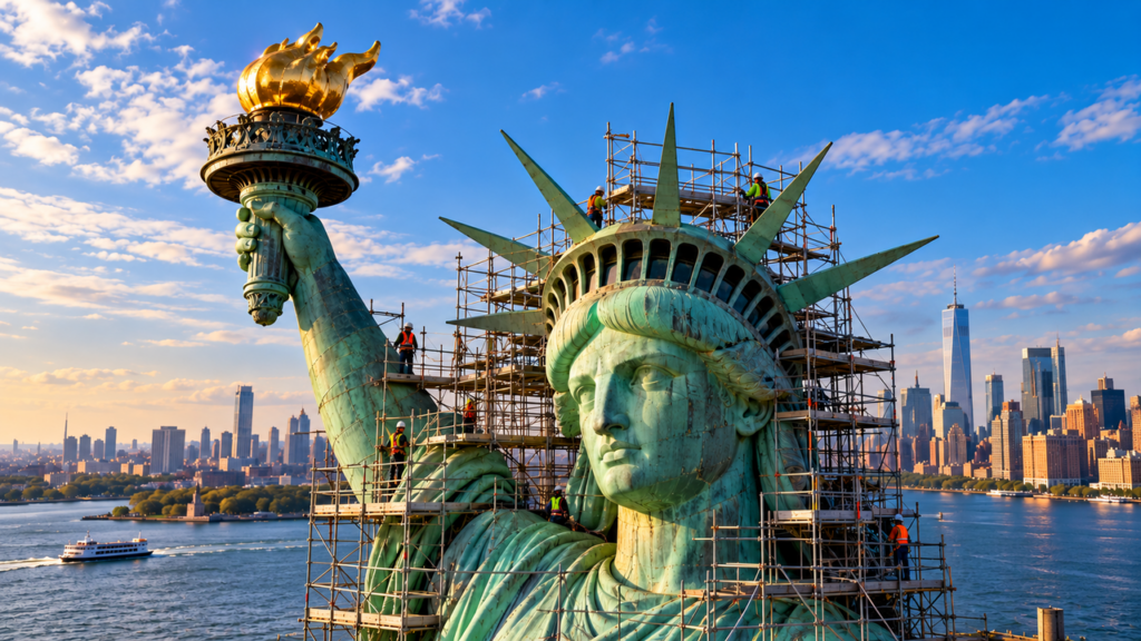 Inaugurada em 1886, a Estátua da Liberdade atravessou quase 140 anos de história, enfrentou tempestades e problemas de conservação, recebeu grandes obras de restauração e continua dominando a entrada do porto de Nova York como um dos monumentos mais conhecidos do mundo, com uma estrutura metálica projetada para sustentar seu revestimento de cobre