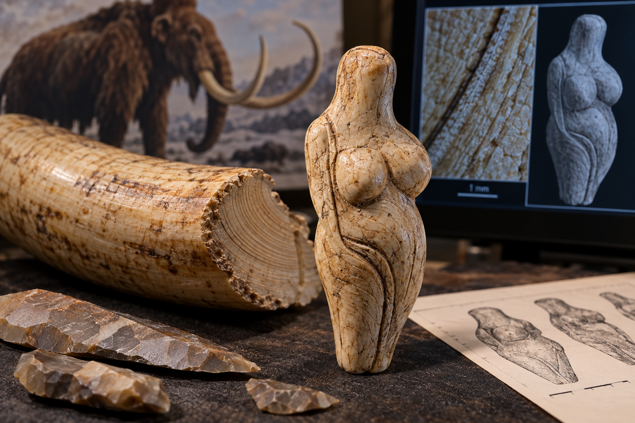 Há 18 mil anos, artistas da Era do Gelo esculpiram figuras em marfim de mamute e usaram as linhas naturais das presas para criar detalhes que surpreendem pesquisadores até hoje
