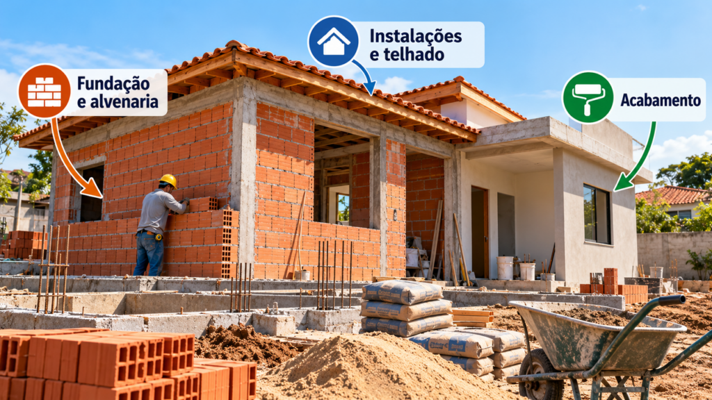 Quanto custa construir uma casa de 60 m² com 3 quartos, sala integrada à cozinha e banheiro em 2026, considerando todas as etapas da obra e os gastos que costumam ficar fora do orçamento inicial