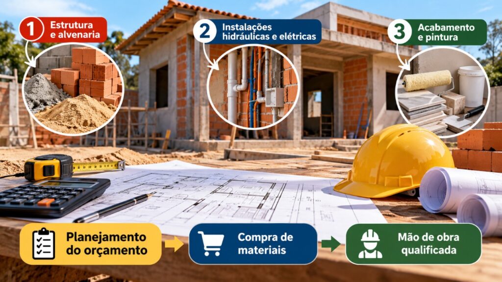 Pedreiro apresenta orçamento para construir uma casa de 40 m² em terreno próprio, com 2 quartos, sala, cozinha e banheiro, e a família descobre quais etapas da obra mais exigem planejamento antes de comprar os materiais e contratar a mão de obra