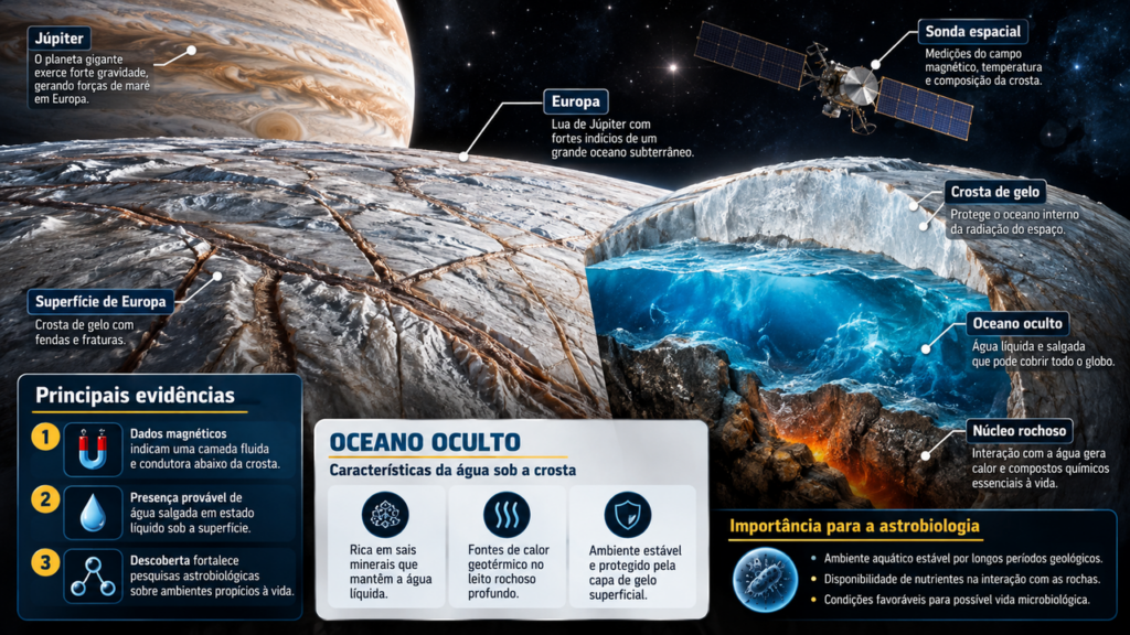 Pela primeira vez na história, cientistas encontraram evidências de um oceano subterrâneo em uma lua de Júpiter, e a descoberta fortalece as investigações sobre ambientes que poderiam abrigar vida extraterrestre