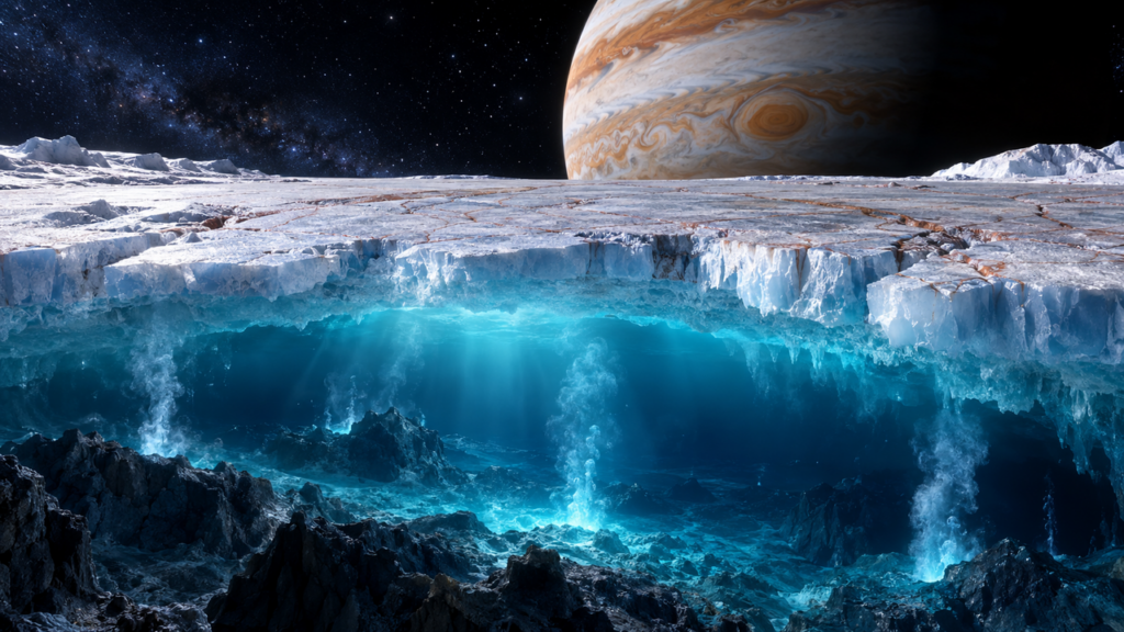 Pela primeira vez na história, cientistas encontraram evidências de um oceano subterrâneo em uma lua de Júpiter, e a descoberta fortalece as investigações sobre ambientes que poderiam abrigar vida extraterrestre