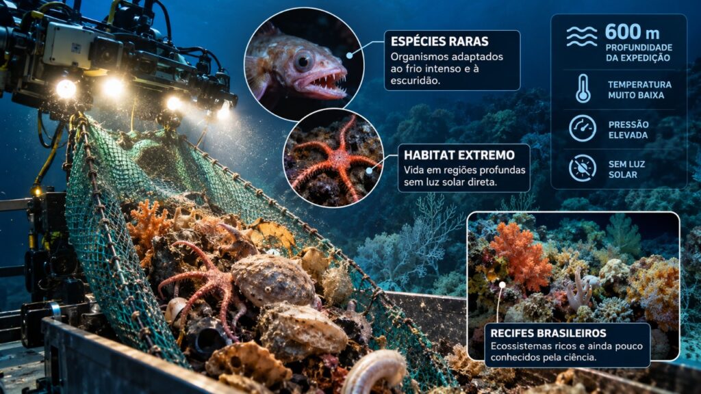 Pesquisadores puxam uma rede a 600 metros de profundidade e fazem uma descoberta incomum no oceano, revelando organismos pouco conhecidos e detalhes surpreendentes sobre a vida que prospera longe da luz solar