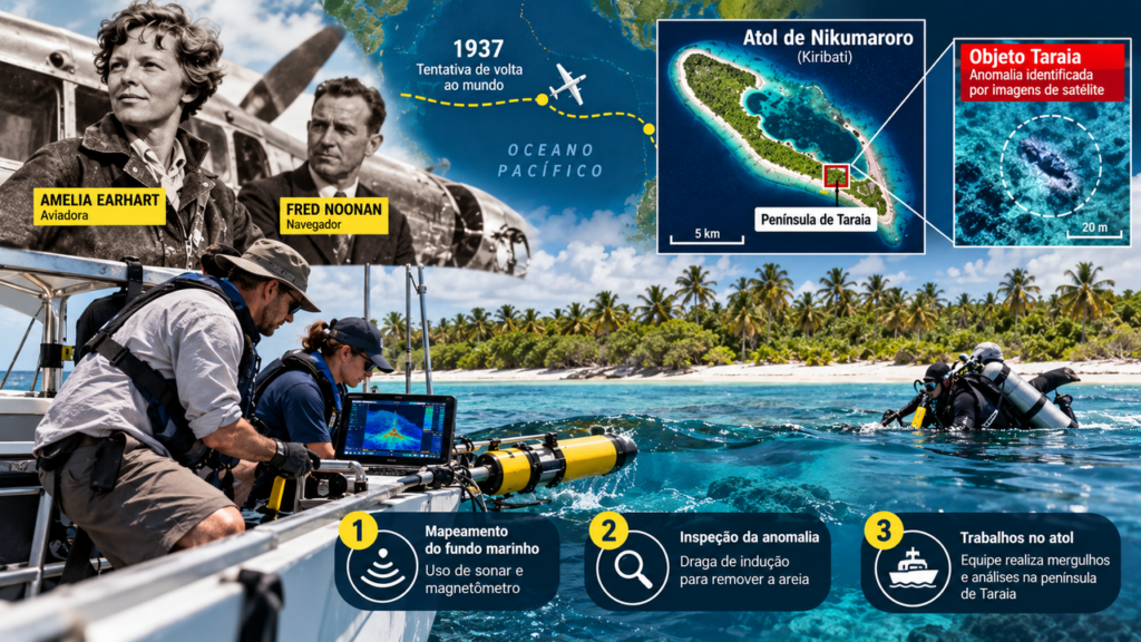 Após quase 90 anos do desaparecimento de Amelia Earhart, nova expedição chega a ilha remota do Pacífico para investigar objeto submerso que pode revelar o destino de seu avião