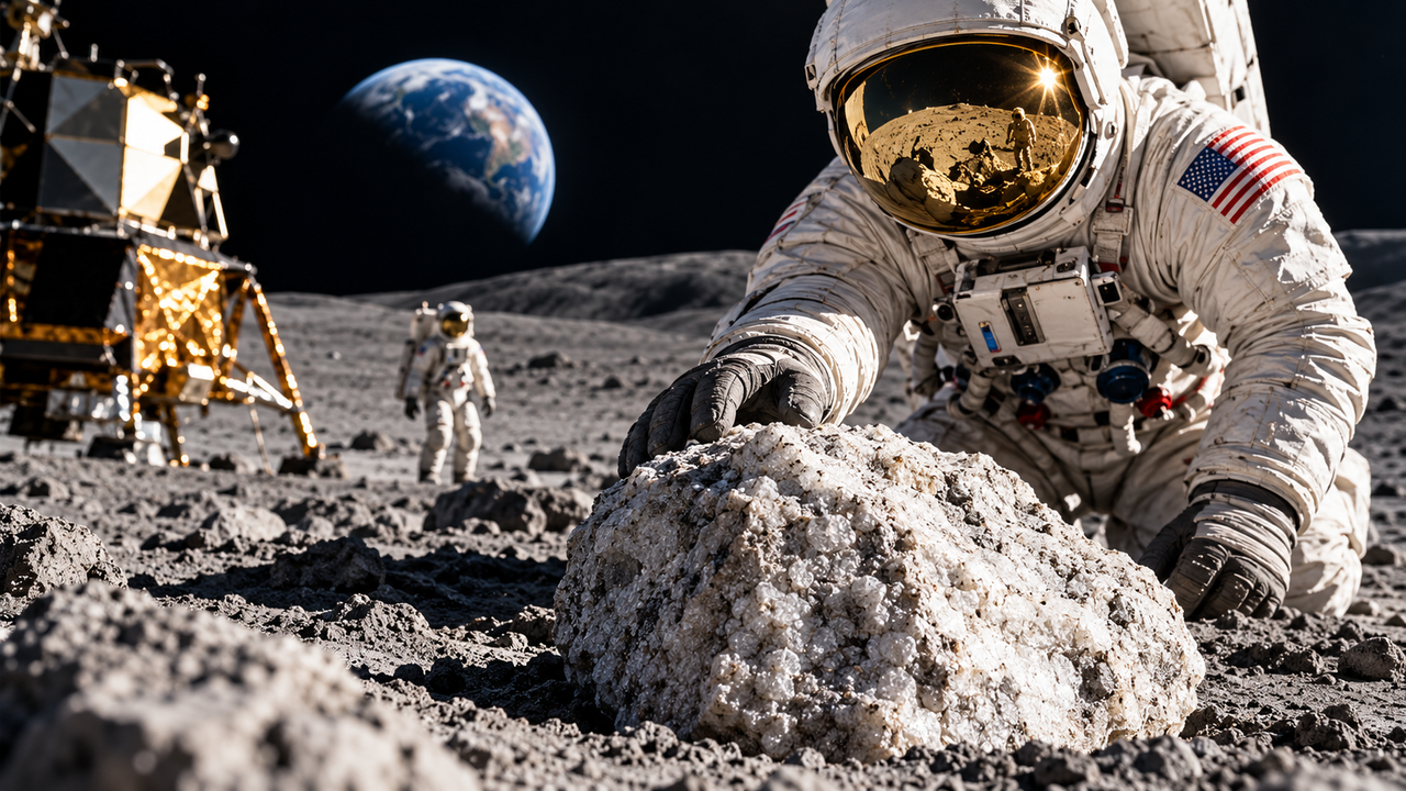 Em 1971, astronautas da Apollo 15 encontraram uma rocha branca posteriormente identificada como parte da antiga crosta lunar; a "Rocha Gênesis" foi estimada em cerca de quatro bilhões de anos