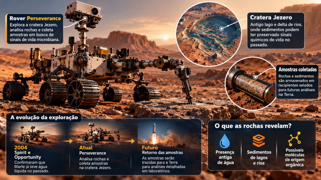 Em 2004, robôs da NASA começaram a explorar as rochas de Marte e, mais de 20 anos depois, amostras coletadas pelo rover Perseverance continuam no centro de pesquisas sobre a possibilidade de vida antiga no planeta