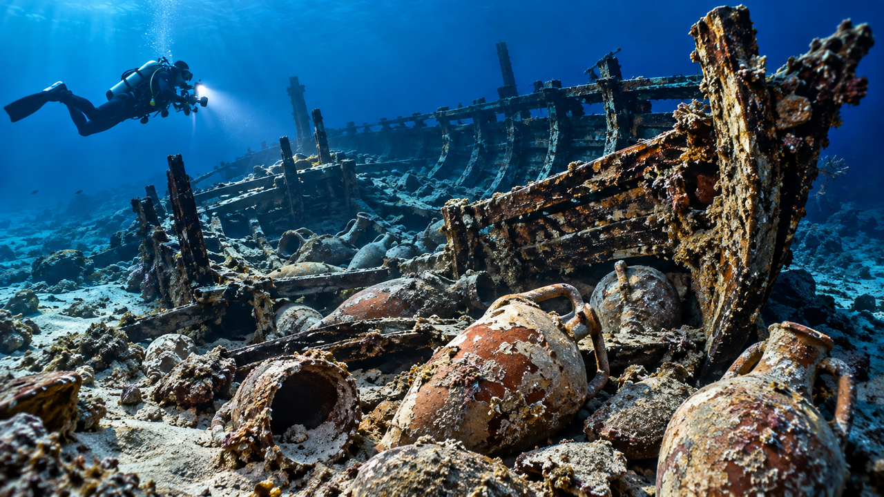 Oito navios mercantes da era romana são encontrados no fundo do mar do Mediterrâneo com ânforas, moedas e artefatos preservados por quase 2 mil anos