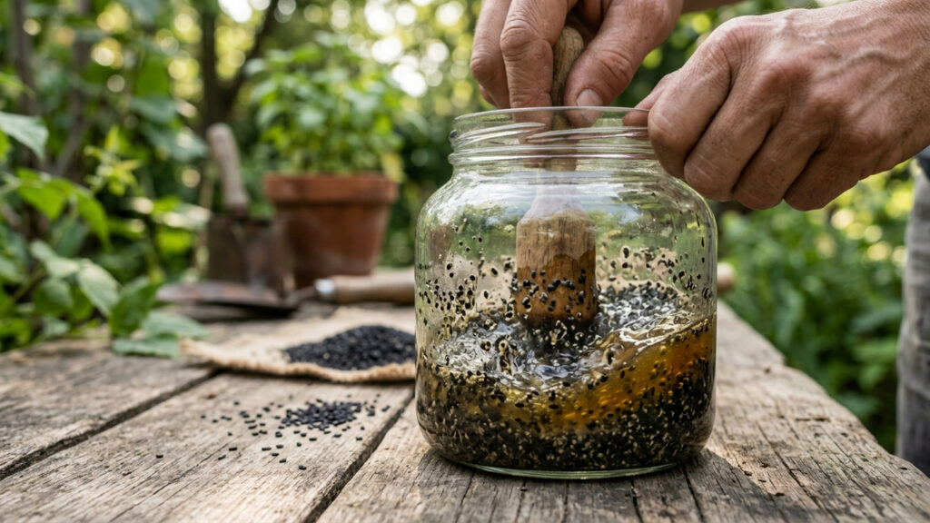 Pulverizar extrato de gergelim preto com sabão de oliva nas plantas: o defensivo botânico caseiro para repelir percevejos em frutíferas