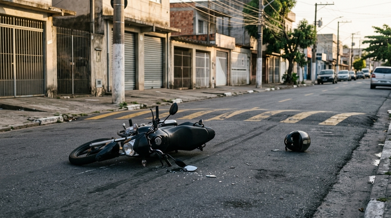 Motocicleta preta caída no asfalto próximo a uma lombada em avenida urbana, representando acidente durante corrida de moto por aplicativo. - Imagem ilustrativa criada por inteligência artificial