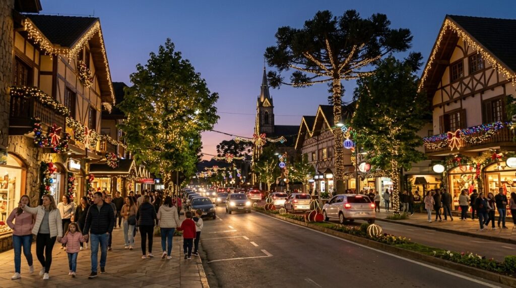 Parece cenário de filme, mas é no Brasil: a cidade da Serra Gaúcha que fica 88 dias iluminada e abre o Natal em outubro