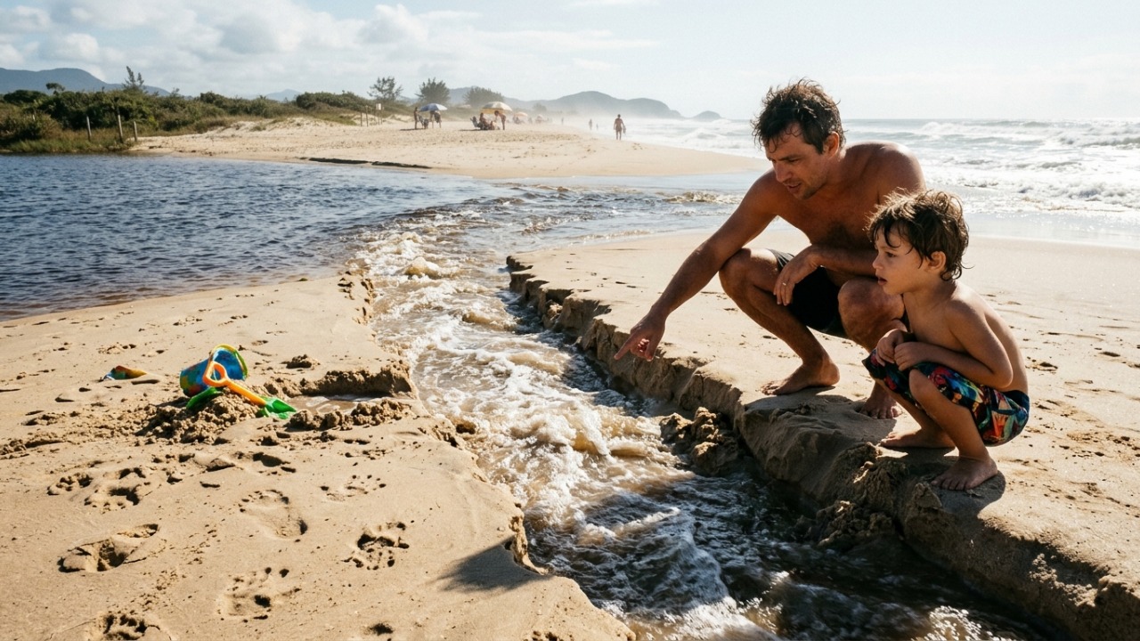 Pai ajuda o filho a cavar um "pequeno rio" entre uma lagoa e o mar durante brincadeira na praia, mas a força da água começa a alargar o canal e transforma a diversão em um possível problema ambiental