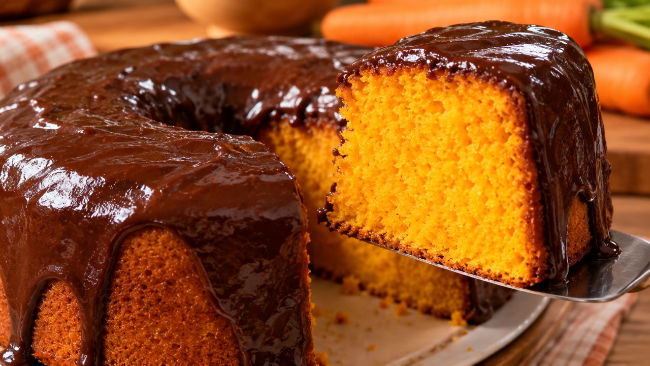 Bolo de cenoura fica macio nas bordas, mas apresenta uma faixa solada no fundo da forma, e um erro na proporção dos ingredientes pode explicar por que a massa não cresceu de maneira uniforme