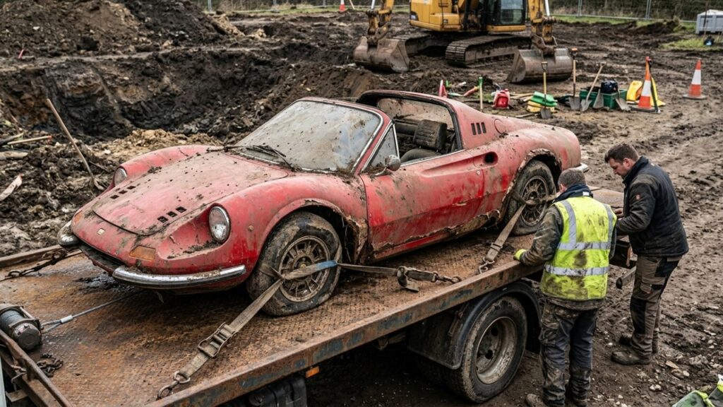 Crianças brincavam de cavar no jardim e acharam uma Ferrari Dino 246 GTS de 1974 enterrada no terreno, envolvida em plástico e preservada pela seca