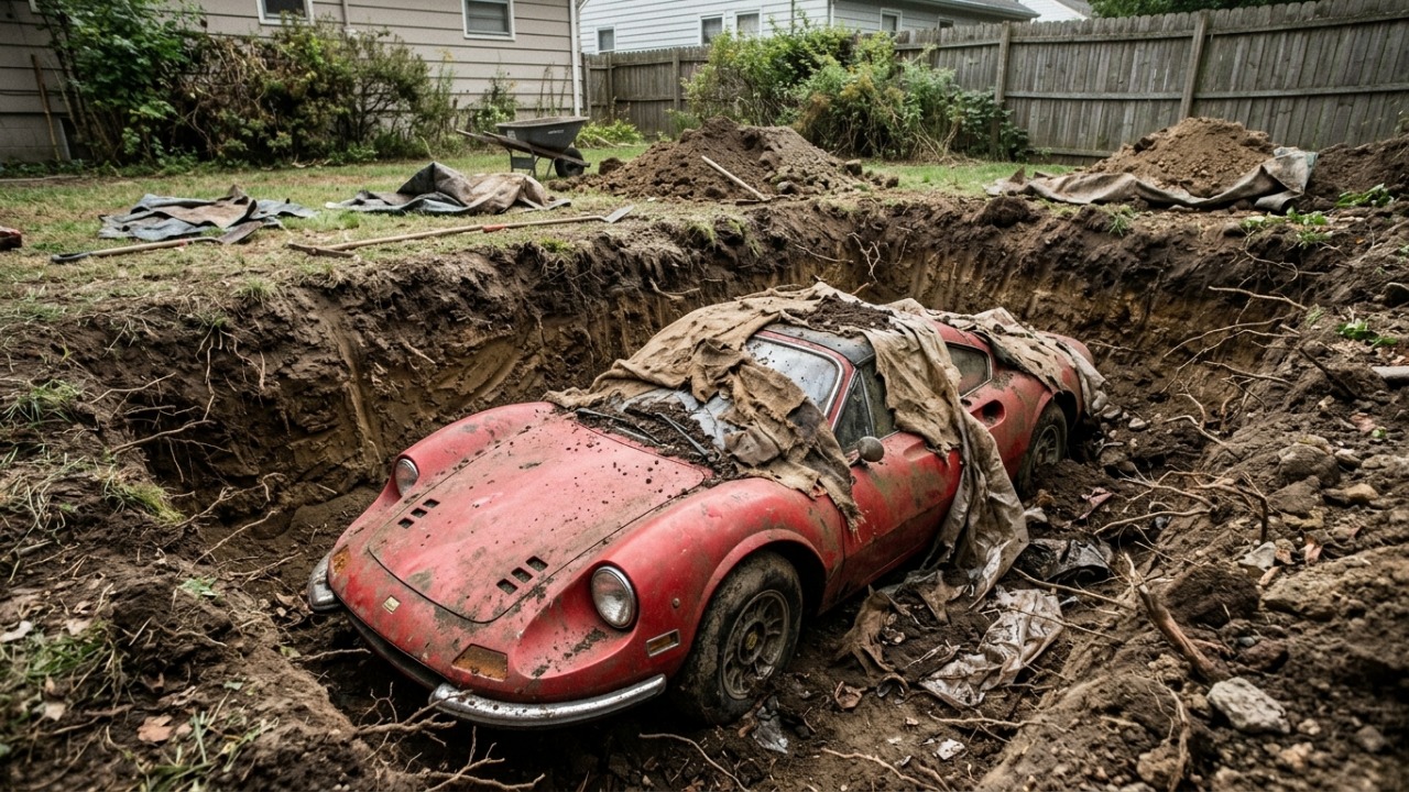 Crianças brincavam de cavar no jardim e acharam uma Ferrari Dino 246 GTS de 1974 enterrada no terreno, envolvida em plástico e preservada pela seca