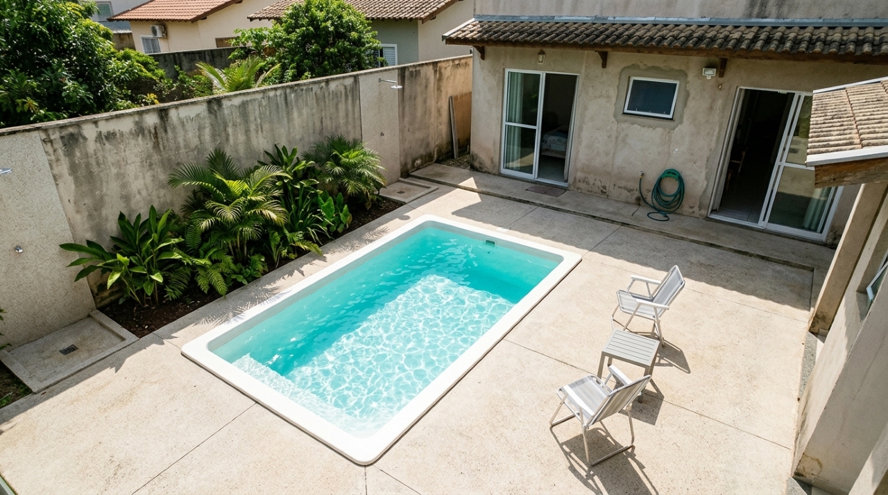 Piscina de fibra de 2 × 3 metros com água azul cristalina, instalada em quintal pequeno com piso claro e jardim tropical. - Imagem ilustrativa criada por inteligência artificial