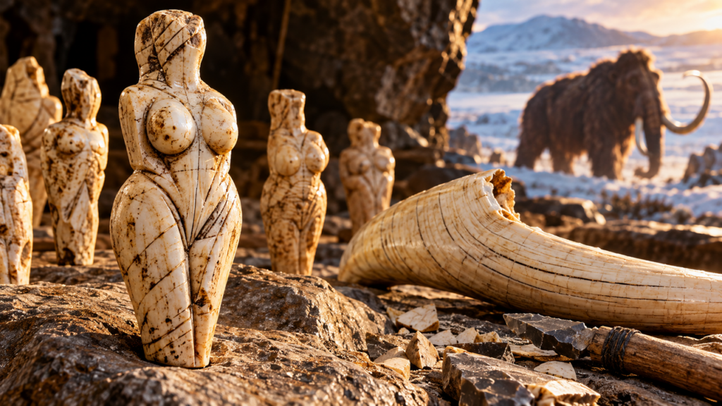 Há 18 mil anos, artistas da Era do Gelo esculpiram figuras em marfim de mamute e usaram as linhas naturais das presas para criar detalhes que surpreendem pesquisadores até hoje