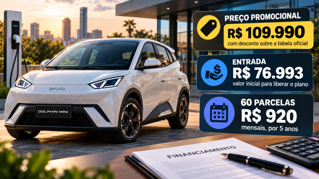 BYD Dolphin Mini aparece com parcelas de apenas R$ 920 por mês, mas exige entrada de quase R$ 77 mil e chama a atenção de quem sonha em comprar um carro elétrico no Brasil