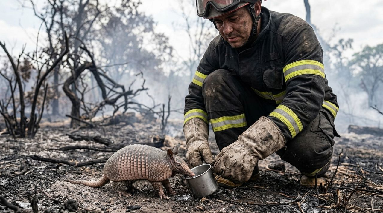 Em meio às chamas de um incêndio florestal, bombeiros interrompem o combate ao fogo ao encontrar um pequeno sobrevivente lutando pela vida