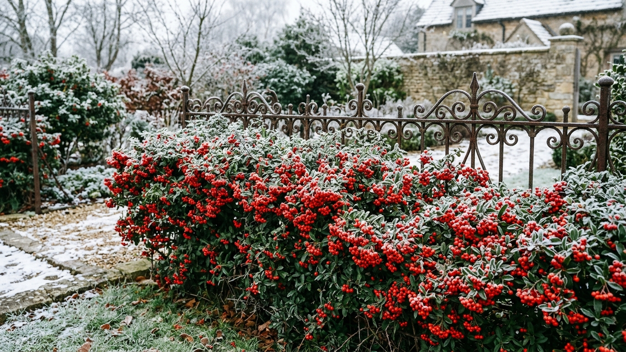 Essa cerca-viva ornamental resiste a geadas rigorosas, aceita podas estritas de contorno e se enche de bagas vermelhas decorativas no inverno