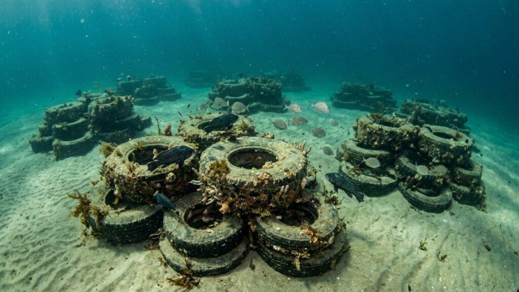 Em 1978, pneus preenchidos com concreto foram lançados no fundo do oceano e, mais de 40 anos depois, as estruturas se transformaram em um abrigo para peixes, lagostas e outras espécies marinhas