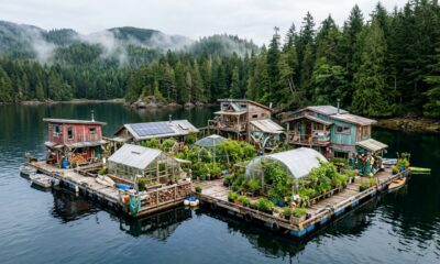 Um casal passou 35 anos construindo uma ilha flutuante com materiais reciclados na costa do Canadá, criou uma casa com jardins, estufas e energia solar e transformou as águas em seu próprio refúgio autossuficiente