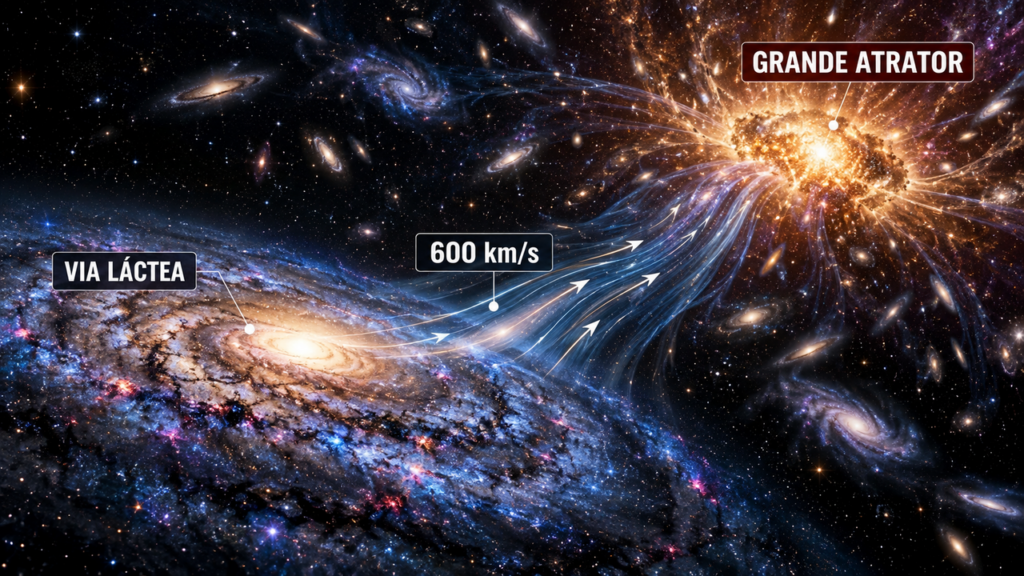 A Via Láctea está viajando a 600 km/s pelo espaço em direção ao misterioso Grande Atrator, uma região gigantesca que intriga os cientistas