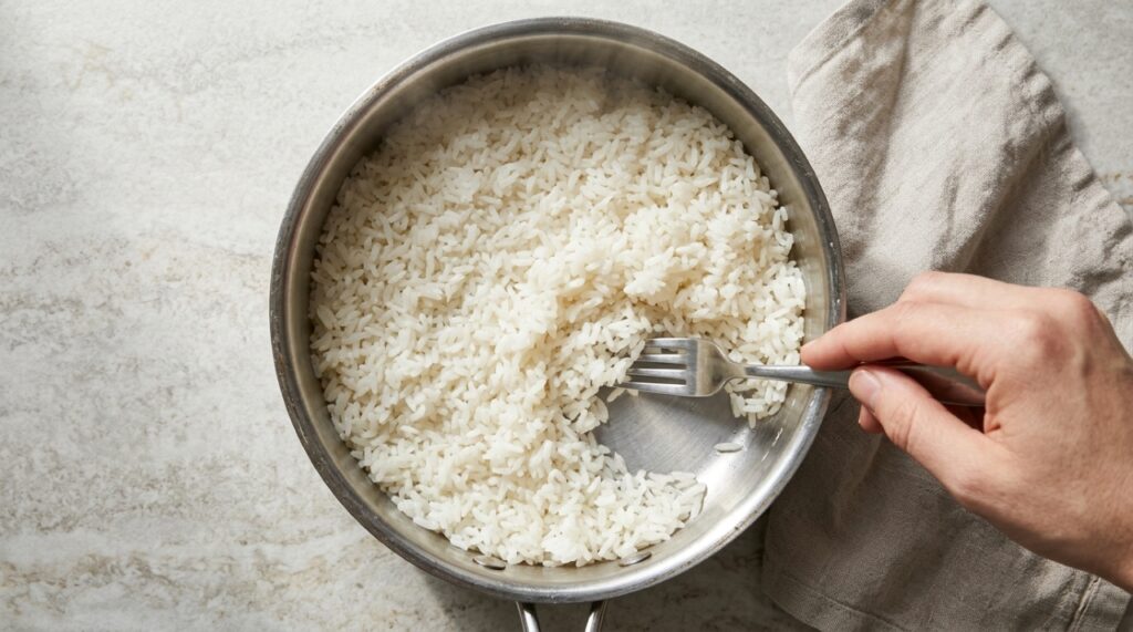 Garfo de inox separando grãos de arroz branco cozido dentro de uma panela, revelando o fundo limpo e sem resíduos queimados. - Imagem ilustrativa criada por inteligência artificial