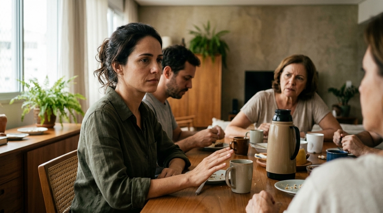 Mulher adulta sentada à mesa com familiares, demonstrando firmeza e desconforto diante da expressão de desaprovação de um parente. - Imagem ilustrativa criada por inteligência artificial