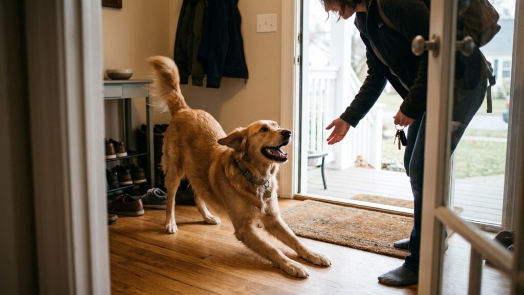Especialistas em cães explicam: “Quando o cachorro se alonga assim que você chega em casa, ele pode não estar apenas espreguiçando, mas demonstrando alegria, convite para brincar ou vontade de interagir”