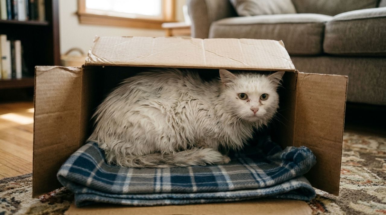 Mulher encontra uma caixa misteriosa, decide abrir para descobrir o que havia dentro e se depara com um gato que precisava urgentemente de ajuda