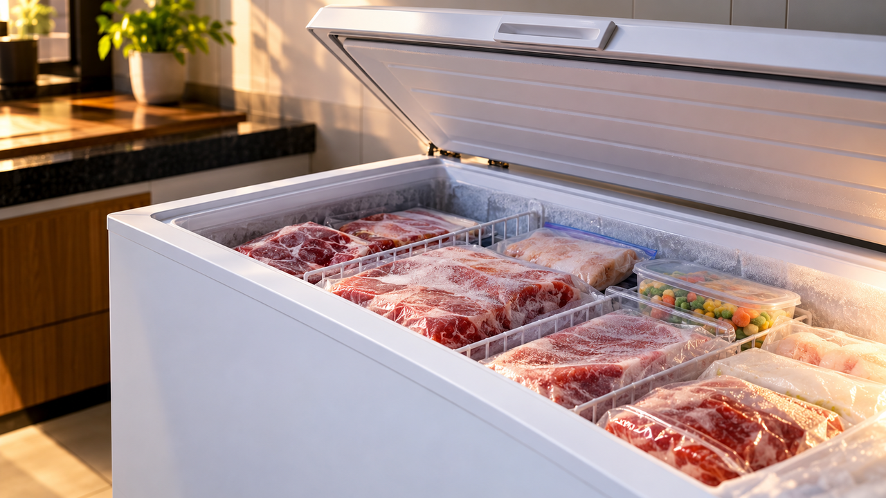 Família instala freezer horizontal de 300 litros para armazenar alimentos e descobre como a temperatura ambiente, a vedação da tampa e a frequência de abertura interferem no consumo de eletricidade