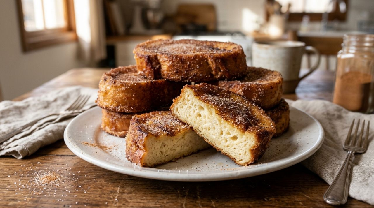 Pão francês amanhecido ganhou leite, ovo e canela e virou uma receita douradinha de frigideira que parece sobremesa de padaria