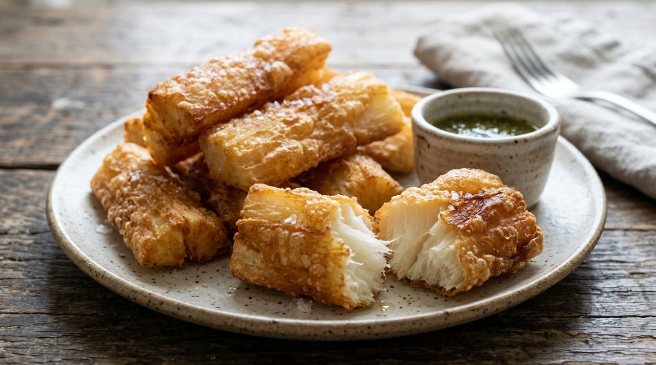 Chefs de cozinha afirmam: para a mandioca ficar crocante por fora e macia por dentro, não coloque os pedaços diretamente no óleo quente, mas cozinhe até ficarem macios antes de fritar