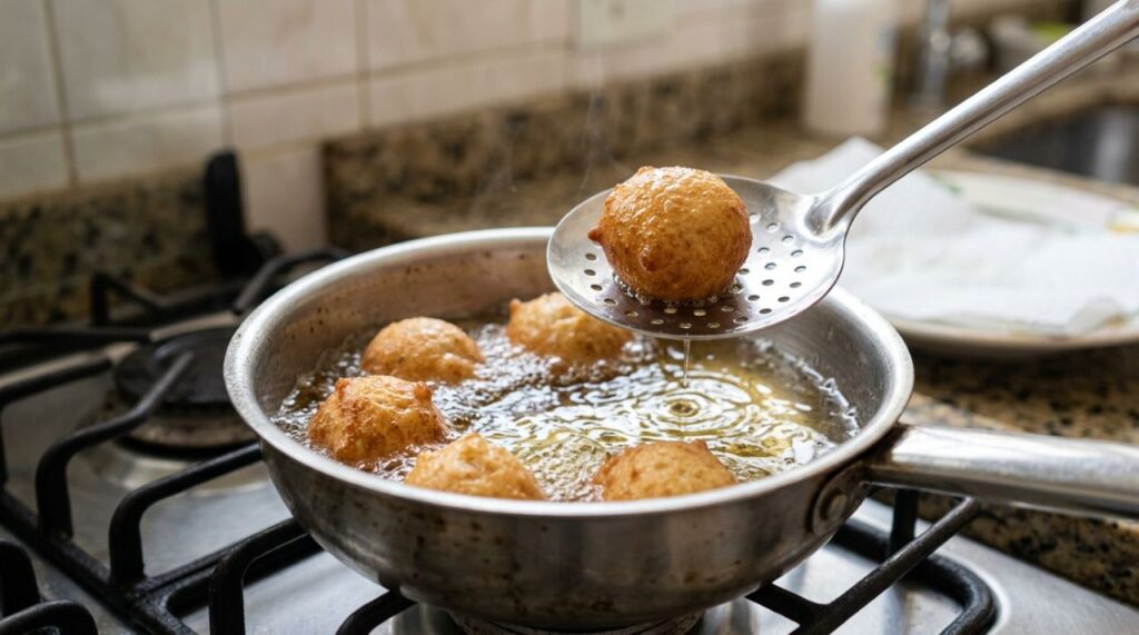 Chefs de cozinha afirmam: para o bolinho de chuva não ficar cru por dentro, não frite em óleo quente demais, mas mantenha a temperatura próxima de 175 °C e faça porções pequenas