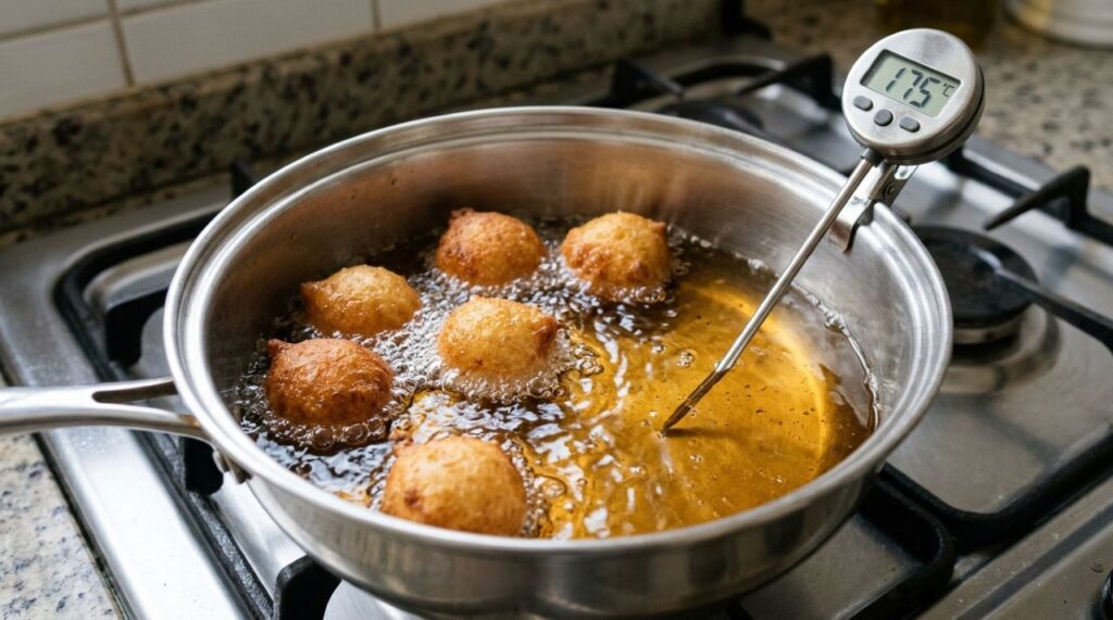 Chefs de cozinha afirmam: “Para o bolinho de chuva ficar sequinho e dourado, não frite em óleo frio ou quente demais, mas mantenha a temperatura controlada durante o preparo”