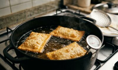 Chefs de cozinha afirmam: para o pastel não ficar encharcado, não frite em óleo morno, mas espere chegar perto de 180 °C e coloque no máximo três de cada vez