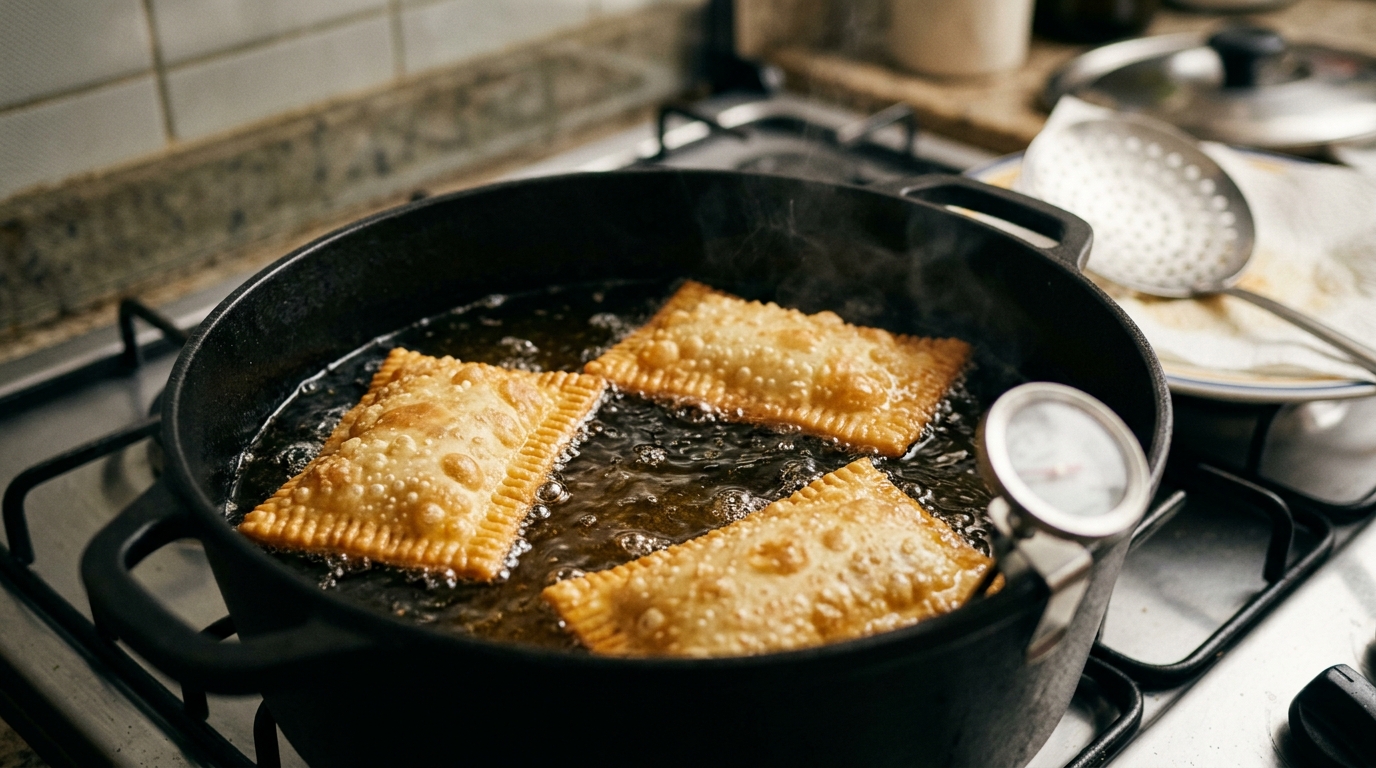 Chefs de cozinha afirmam: para o pastel não ficar encharcado, não frite em óleo morno, mas espere chegar perto de 180 °C e coloque no máximo três de cada vez