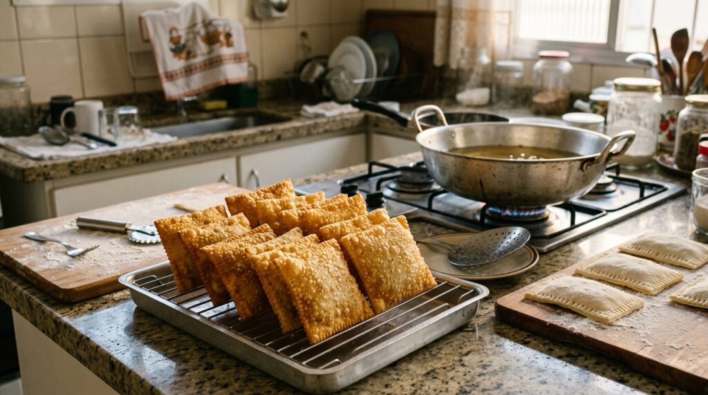 Chefs de cozinha afirmam: para o pastel não ficar encharcado, não frite em óleo morno, mas espere chegar perto de 180 °C e coloque no máximo três de cada vez
