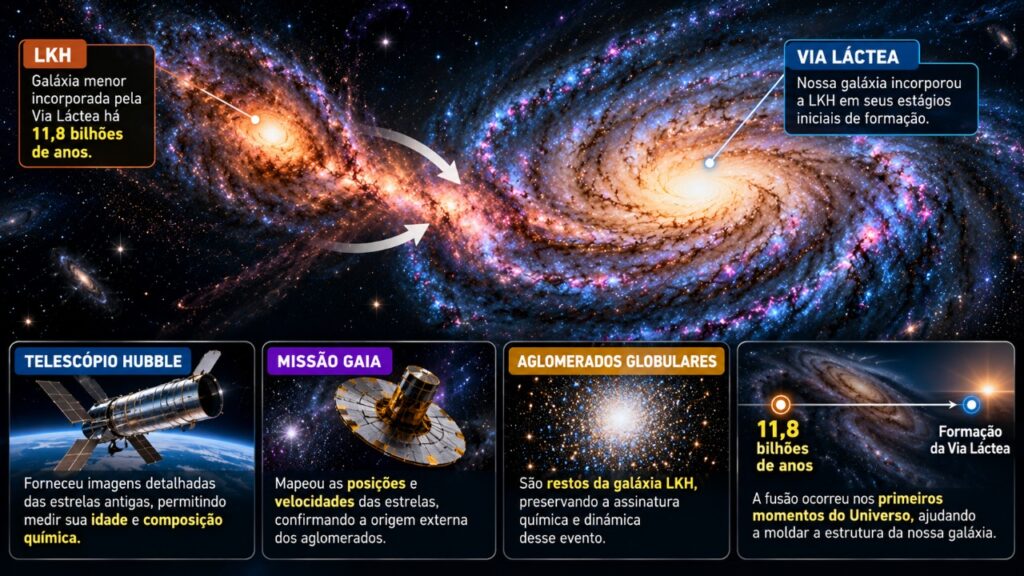 A Via Láctea engoliu uma galáxia há 11,8 bilhões de anos, e astrônomos encontraram vestígios dessa colisão cósmica usando dados do Hubble e da missão Gaia para revelar como nossa galáxia começou a tomar forma