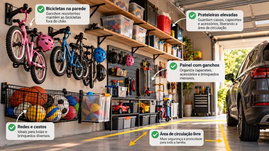 Pai percebe que os filhos deixam bicicletas, bolas e brinquedos espalhados pela garagem e monta um sistema de organização na parede, descobrindo como suportes bem posicionados podem liberar o chão e facilitar a circulação dentro de casa