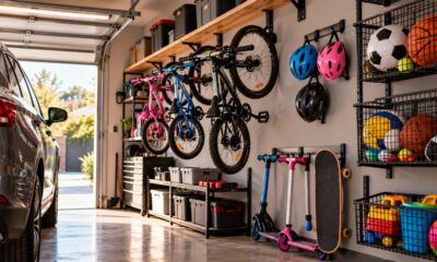 Pai percebe que os filhos deixam bicicletas, bolas e brinquedos espalhados pela garagem e monta um sistema de organização na parede, descobrindo como suportes bem posicionados podem liberar o chão e facilitar a circulação dentro de casa