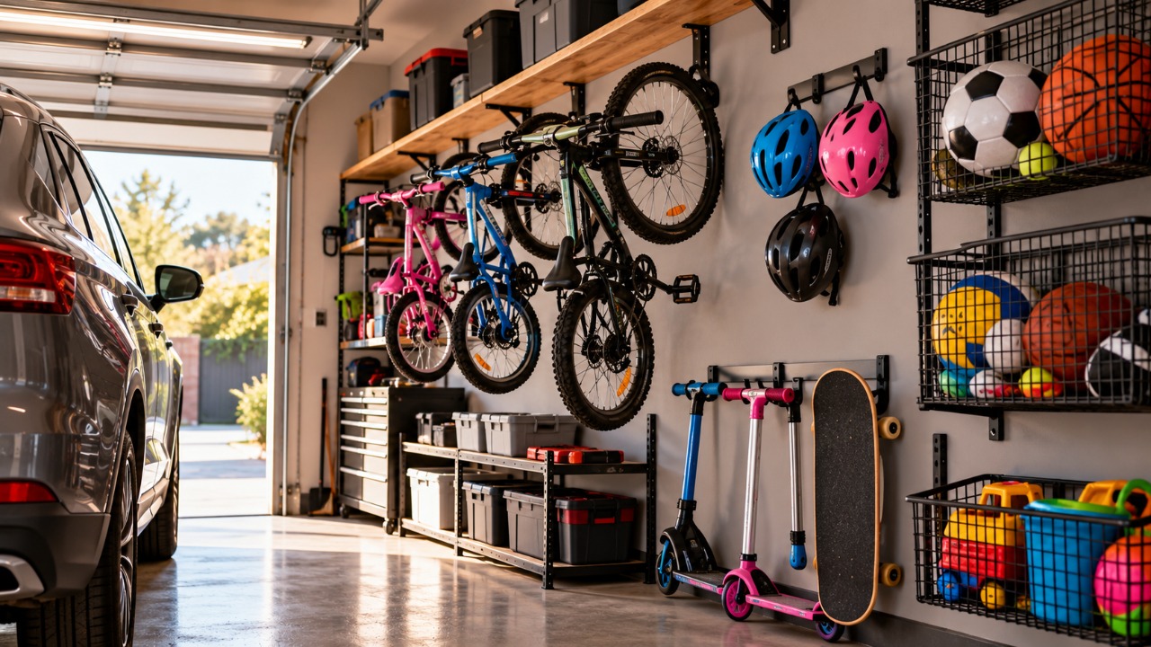 Pai percebe que os filhos deixam bicicletas, bolas e brinquedos espalhados pela garagem e monta um sistema de organização na parede, descobrindo como suportes bem posicionados podem liberar o chão e facilitar a circulação dentro de casa