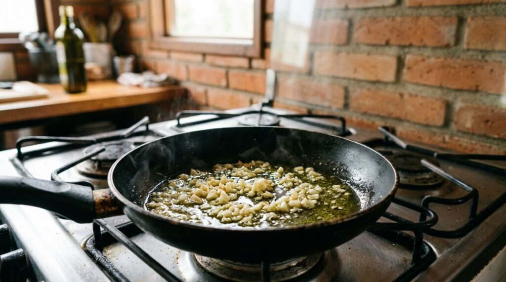 Especialistas em culinária afirmam: “Para o alho não amargar o molho, não espere ficar marrom, mas retire do fogo assim que começar a dourar”