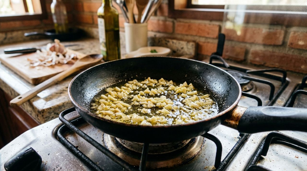 Especialistas em culinária afirmam: “Para o alho não amargar o molho, não espere ficar marrom, mas retire do fogo assim que começar a dourar”