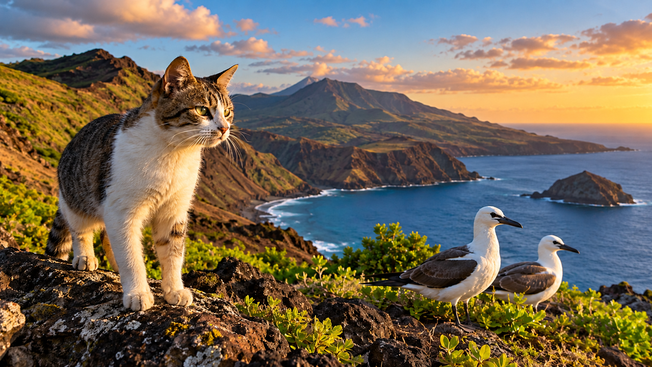 Em 1905, alguns gatos foram levados para uma ilha remota, mas eles se reproduziram e passaram a ameaçar aves nativas, criando um problema ambiental que exigiu décadas de estudos e medidas de controle