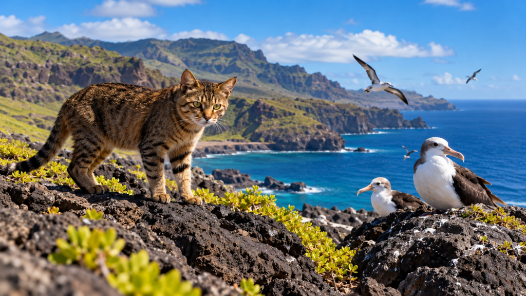 Em 1905, alguns gatos foram levados para uma ilha remota, mas eles se reproduziram e passaram a ameaçar aves nativas, criando um problema ambiental que exigiu décadas de estudos e medidas de controle