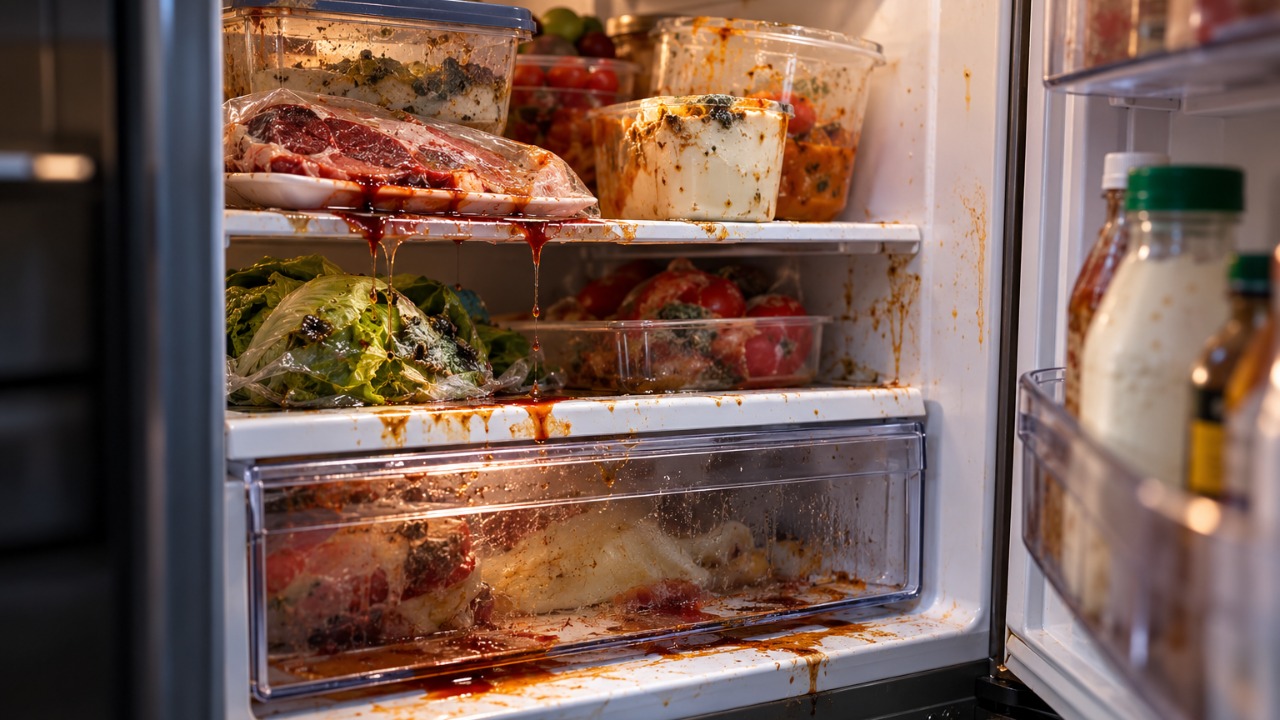 Dono de casa encontra um cheiro forte ao abrir a geladeira depois de vários dias sem energia e descobre quais resíduos provocam odores persistentes e quais procedimentos de limpeza ajudam a higienizar o interior antes de voltar a guardar alimentos